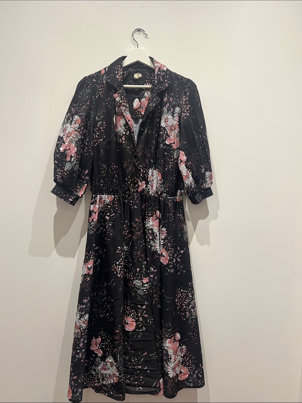 Vintage Black Floral Midi Dress with Pink Accents
